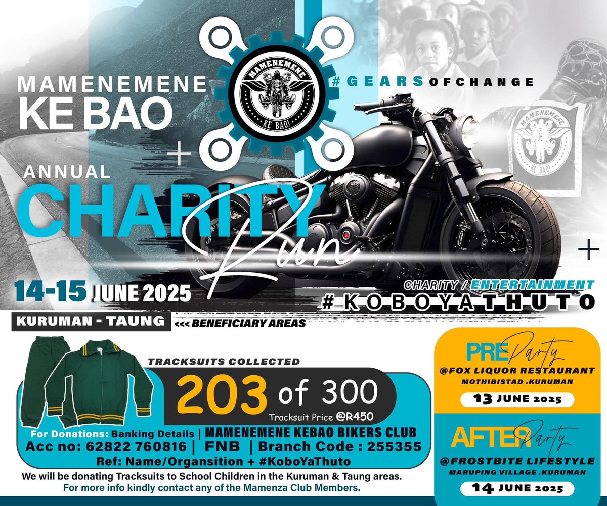 Supporting Mamenemene KeBao Annual Charity Event, 300 Schools Tracksuits Collection. 

Event Supported by: @Motlatsi Annual Tournament, Mamenemene, Brazil Socializing Club, Dikakapa socializing club , @KgotlhaO Mone Socializing, Ubuntu Social Club , Biker's Joint Social Club.