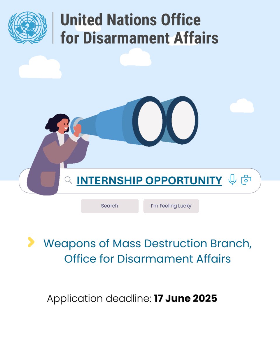 ODA (@un_disarmament) on Twitter photo Apply now! Internship opportunity with UNODA's Weapons of Mass Destruction Branch!
Get hands-on experience in multilateral disarmament diplomacy and its international instruments, with the WMD Branch.
🔗 Apply here: inspira.un.org/psc/UNCAREERS/… Apply now! Internship opportunity with UNODA's Weapons of Mass Destruction Branch!
Get hands-on experience in multilateral disarmament diplomacy and its international instruments, with the WMD Branch.
🔗 Apply here: inspira.un.org/psc/UNCAREERS/…