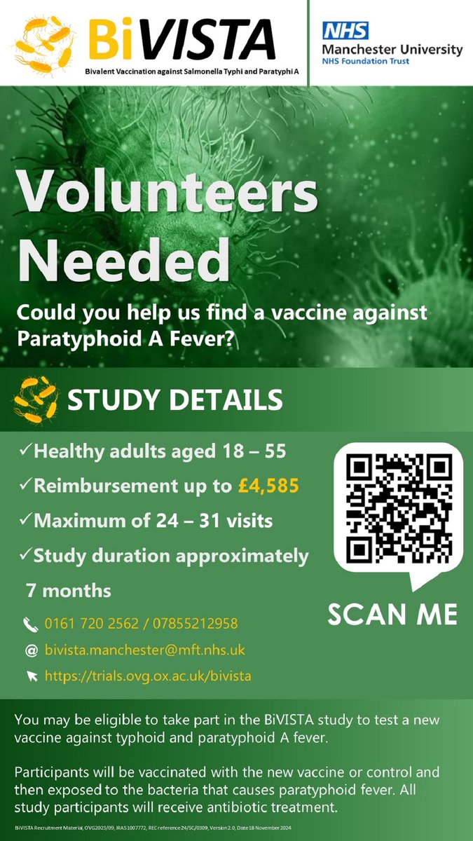 NHS R&D North West (@nhsnwrd) on Twitter photo The #BiVISTA study is now recruiting volunteers in Manchester. Led by <a href="/MFTnhs/">MFT NHS</a> & <a href="/UniofOxford/">University of Oxford</a>, this trial will test a new vaccine against Paratyphoid A Fever.
Age 18ā55 |Ā Up to Ā£4,585 reimbursement | 7-month study ovg.ox.ac.uk/studies/bivista
#ClinicalTrials #HealthResearch #ResearchNW The #BiVISTA study is now recruiting volunteers in Manchester. Led by <a href="/MFTnhs/">MFT NHS</a> & <a href="/UniofOxford/">University of Oxford</a>, this trial will test a new vaccine against Paratyphoid A Fever.
Age 18ā55 |Ā Up to Ā£4,585 reimbursement | 7-month study ovg.ox.ac.uk/studies/bivista
#ClinicalTrials #HealthResearch #ResearchNW