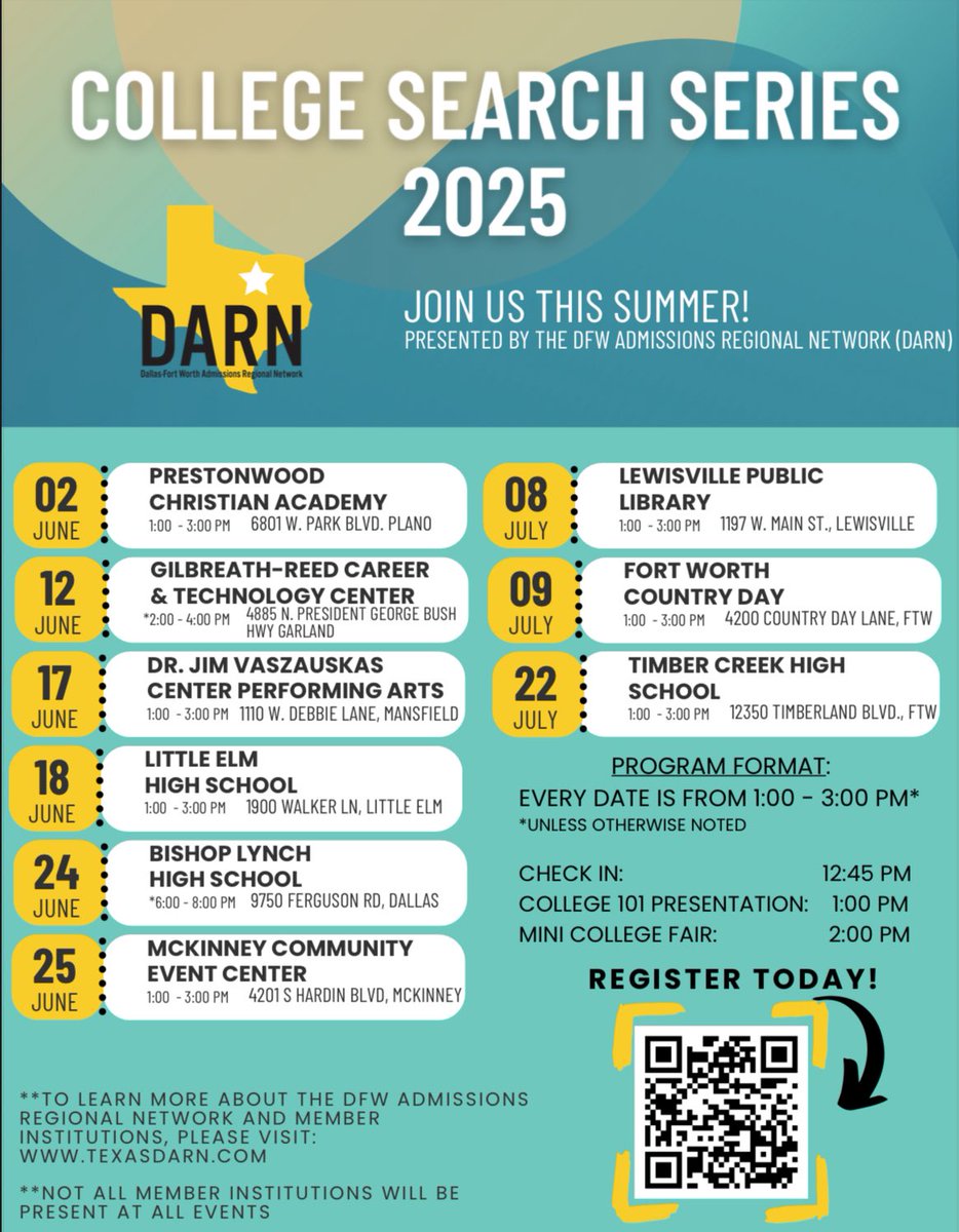 Explore your future college options both in TX &amp; out-of-state in #DFW this summer! You’ll find <a href="/WichitaState/">Wichita State</a> &amp; many other DARN member institutions at any of the DARN CSS events listed.

These events are free and open to all!
Visit app.strivescan.com/registration to register for an event.
