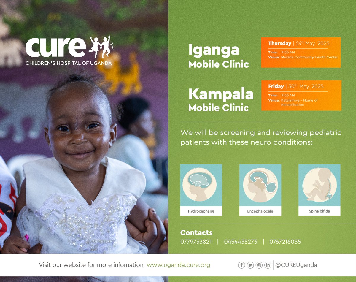 CUREuganda's tweet image. Hello friends! Our monthly mobile clinics are scheduled for tomorrow, May 29, 2025, at Musana Community Health Center in Iganga, and on May 30, 2025, at Katalemwa Cheshire Home in Kampala. Kindly refer to the poster for more details. Seen you there.