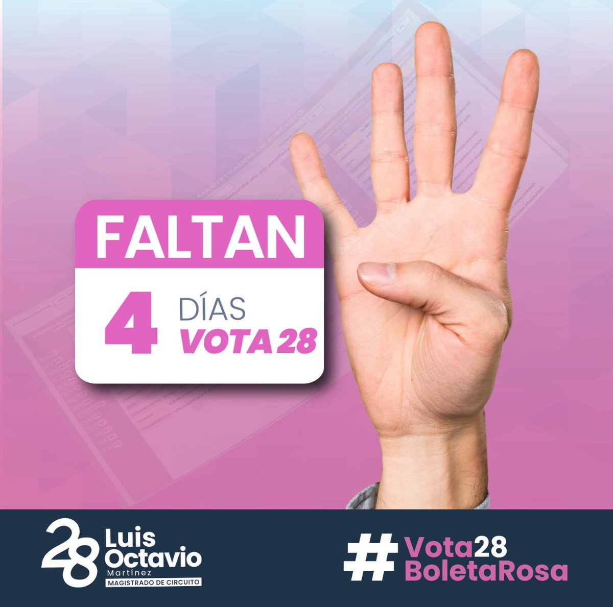 LuisOctavioMQ's tweet photo. 🗳️ ¡Faltan solo 4 días para las elecciones!
Este 1 de junio tenemos una cita muy importante con la democracia.

Este 01 de junio en la boleta rosa, vota por el número 28: Luis Octavio Martínez Quijada candidato a Magistrado de Circuito en Materia Mixta. 
#parati #EleccionJudicial https://t.co/2SB3yTucAB