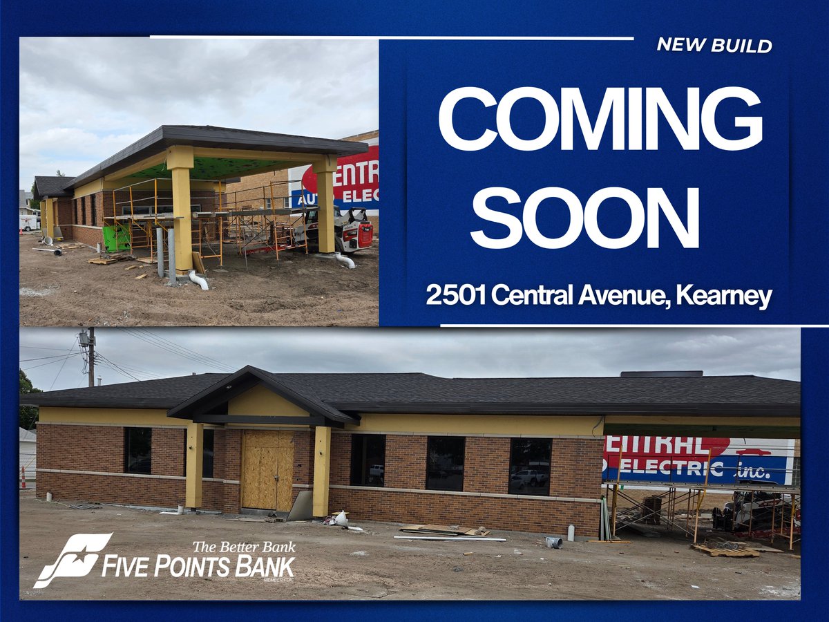 Progress update from Kearney! 🏗️

Our new building at 2501 Central Avenue is coming together, and we’re getting closer to opening our doors in summer 2025. We can’t wait for our customers to experience the new space. Check out the latest progress photos! 💙

#FivePointsBank
