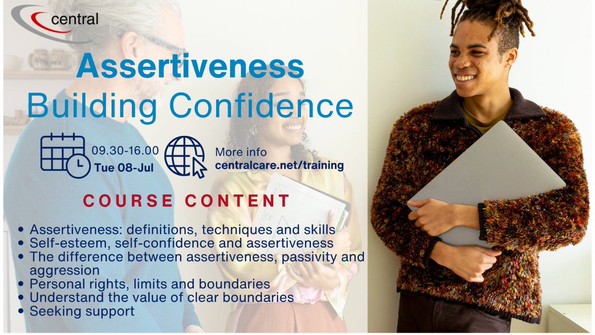CentralCare's tweet image. @CentralCare’s Assertiveness course aims to equip candidates with the skills to respond to challenges at work by building a positive grounded in self-esteem.  Book your space today!
#training #VirtualTraining #opencourse #Assertiveness
centralcare.net/training/open-…
