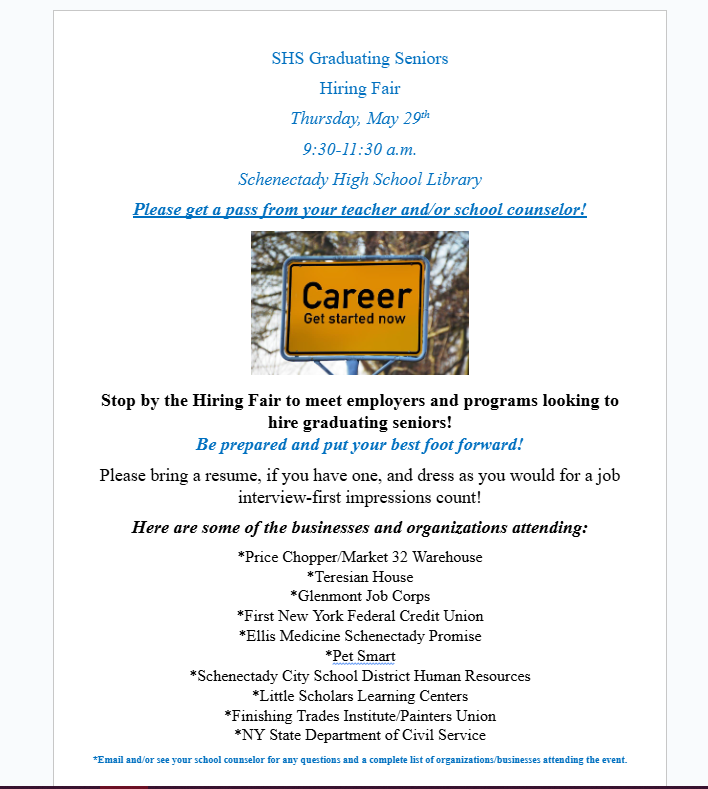 🎓 Graduating SHS Seniors — Your future starts NOW!
📅 TOMORROW, May 29 | 9:30–11:30 AM
📍 SHS Library

Meet employers &amp; programs ready to hire YOU!
✅ Bring a resume
✅ Dress to impress
🎟️ Get a pass from your teacher or counselor

#SHSClassOf2025 #HiringFair #FutureReady