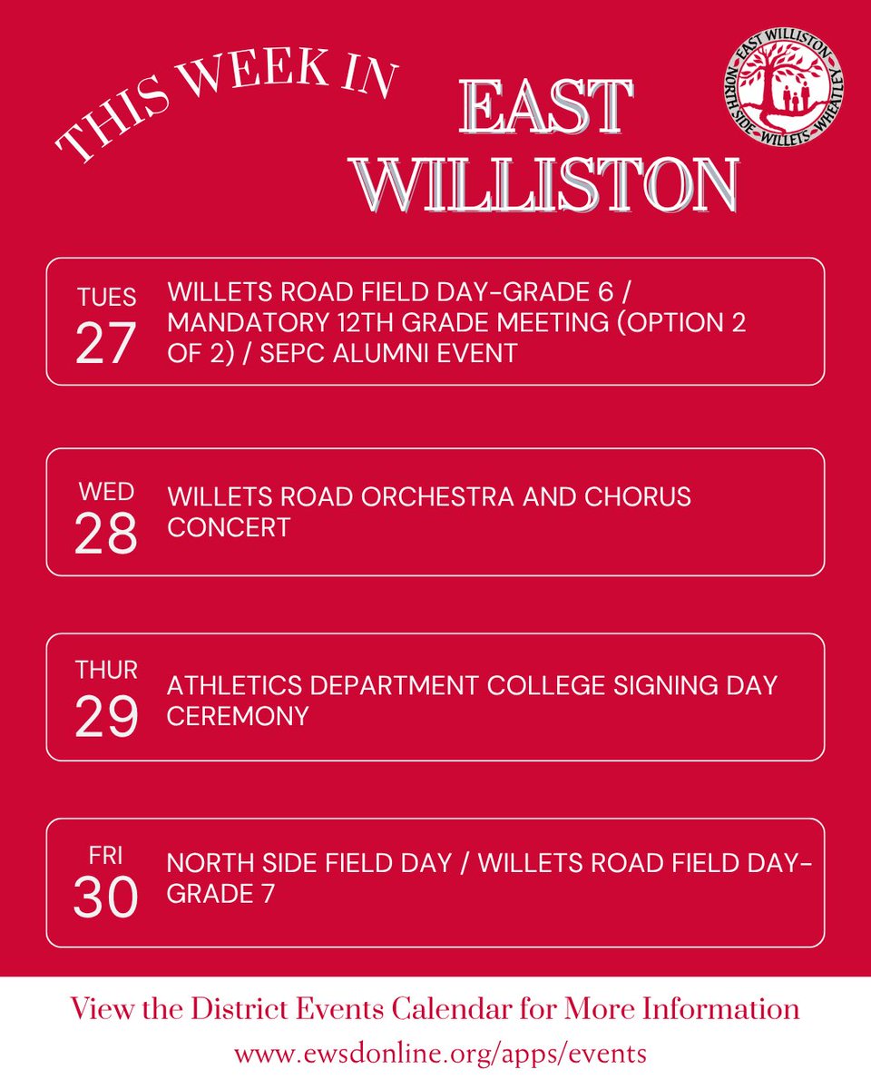 East Williston UFSD (@eastwillistonsd) on Twitter photo Please check the district website for details and more updated information:
ewsdonline.org/apps/events
@wheatleyschool <a href="/WilletsRoadMS/">Willets Road School</a> <a href="/NorthSideEW/">North Side School</a> <a href="/WheatleySports/">Wildcat Athletics</a> #ewlearns Please check the district website for details and more updated information:
ewsdonline.org/apps/events
@wheatleyschool <a href="/WilletsRoadMS/">Willets Road School</a> <a href="/NorthSideEW/">North Side School</a> <a href="/WheatleySports/">Wildcat Athletics</a> #ewlearns
