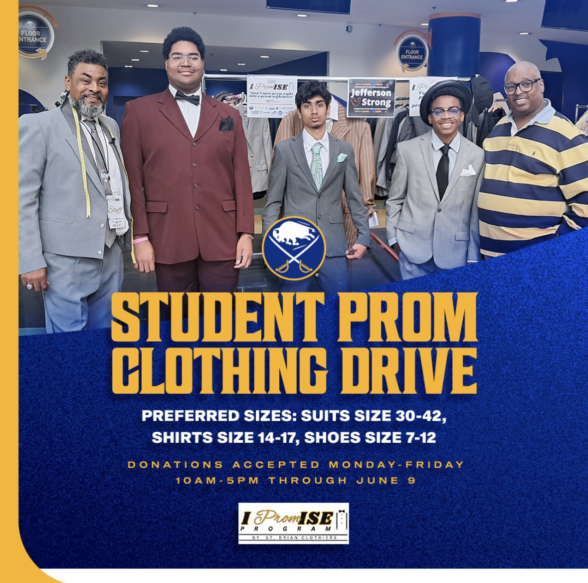 Donate to our 2nd annual Prom Clothing Drive at KeyBank Center now through June 9! 
 
▪️Suits
▪️Shirts
▪️Shoes 
▪️Belts