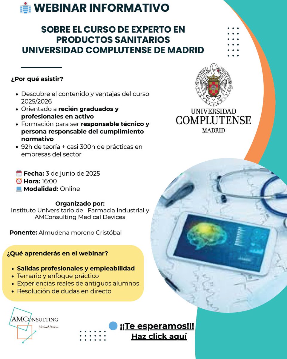 COF Madrid (@cofmadrid) on Twitter photo ¿Quieres trabajar en el sector de #productossanitarios y avanzar en tu carrera?
Descubre el nuevo Curso de Experto en Productos Sanitarios de <a href="/ffarmaciaUCM/">Facultad Farmacia UCM</a>.
Infórmate de todo en formato online el próximo martes 3 de junio a las 16 h
ow.ly/wMPv50VZTLu ¿Quieres trabajar en el sector de #productossanitarios y avanzar en tu carrera?
Descubre el nuevo Curso de Experto en Productos Sanitarios de <a href="/ffarmaciaUCM/">Facultad Farmacia UCM</a>.
Infórmate de todo en formato online el próximo martes 3 de junio a las 16 h
ow.ly/wMPv50VZTLu