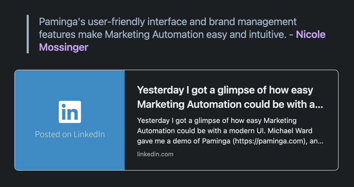 getpaminga's tweet photo. Cool to see Paminga making news – "Best of LinkedIn MarTech Insights".

"Yesterday I got a glimpse of how easy Marketing Automation could be"

"It felt as if I was seeing what Marketo should be in 2025" https://t.co/AXXDZGMcpv