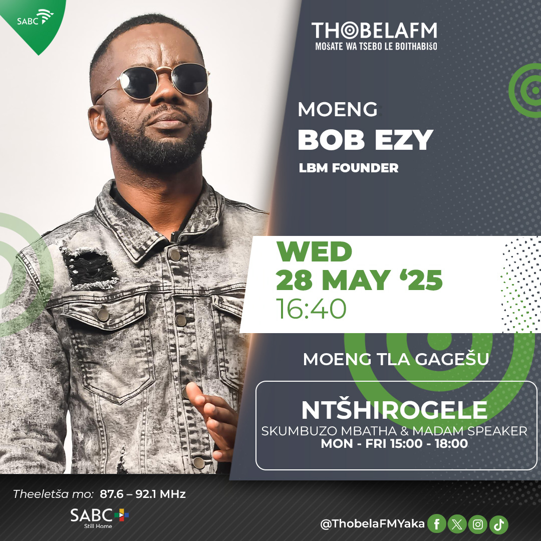 #Ntšhirogele | Moeng wa rena lehono ke Bob Ezy.

Dula o theeleditše Thobela FM 
🌐 thobelafm.co.za
📲 #SABCPlus
📻 87.6-92.1 MHz
