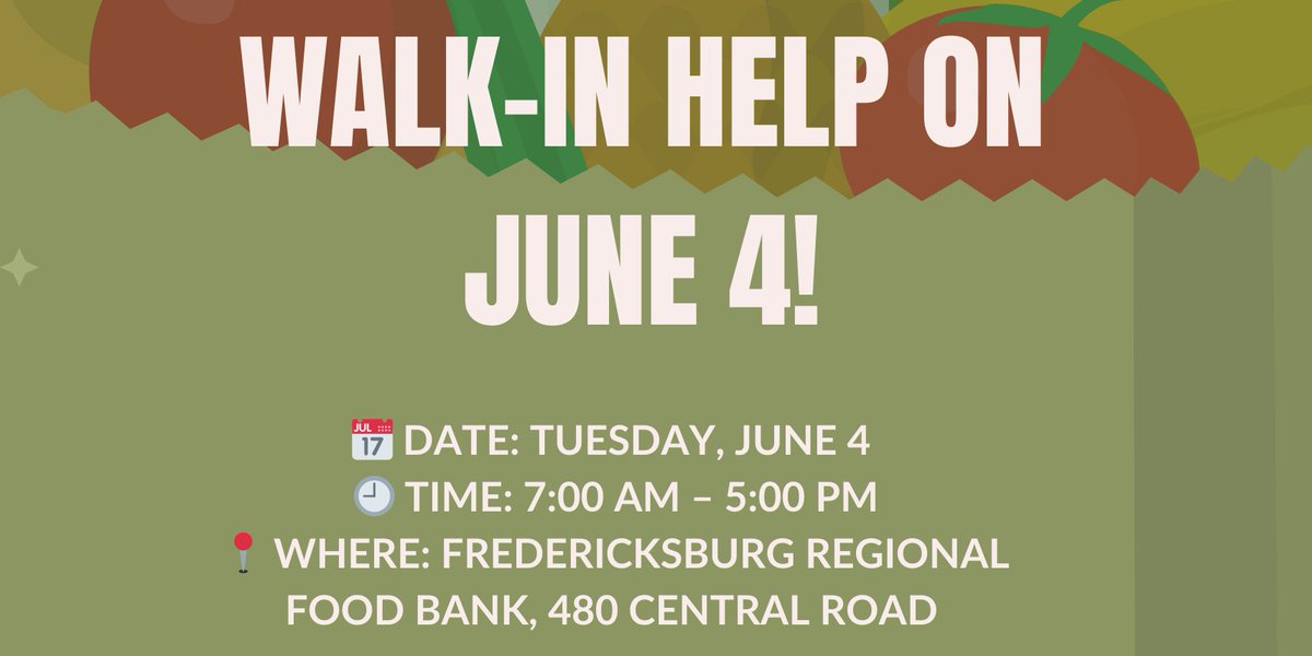 Fredericksburg Regional Food Bank (@fredfoodva) on Twitter photo Need help applying for SNAP?
ποΈ Walk-In SNAP Application Assistance
π 480 Central Rd, Fredericksburg
π
Wed, June 4 | β° 7 AMβ6 PM
β
No appointment needed!
Our Outreach Coordinator will help you on-site.
π§ gethelp@fredfood.org
#SNAPAssistance #FredericksburgVA #EndHunger Need help applying for SNAP?
ποΈ Walk-In SNAP Application Assistance
π 480 Central Rd, Fredericksburg
π
Wed, June 4 | β° 7 AMβ6 PM
β
No appointment needed!
Our Outreach Coordinator will help you on-site.
π§ gethelp@fredfood.org
#SNAPAssistance #FredericksburgVA #EndHunger