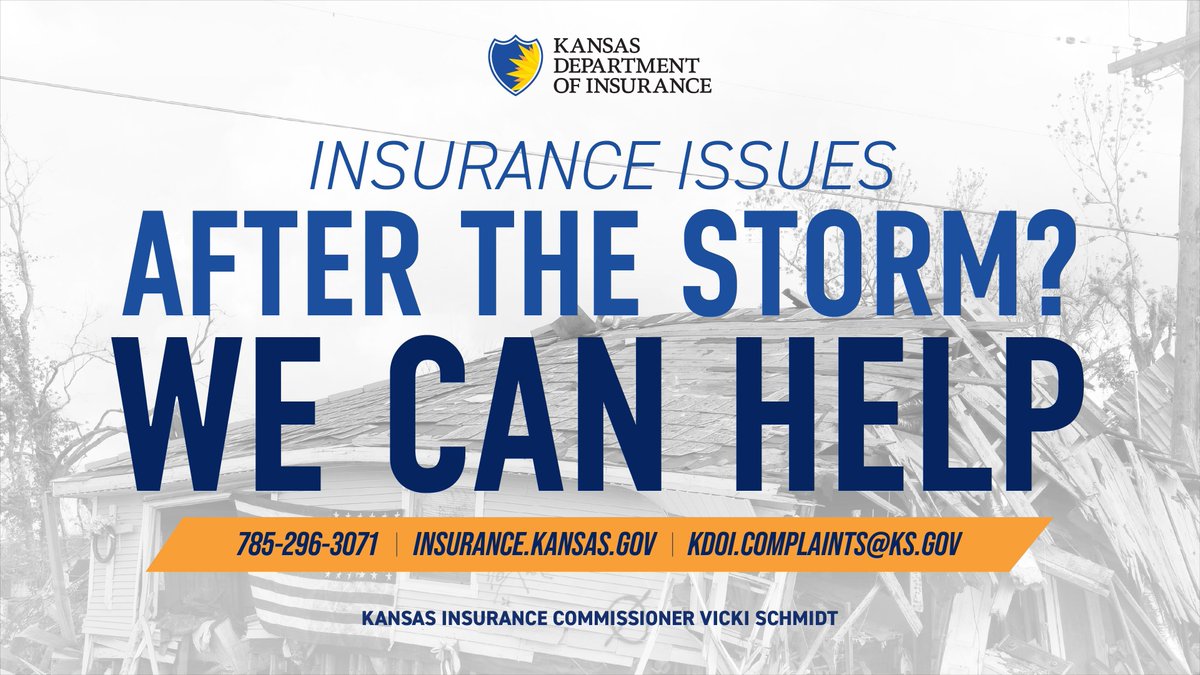 Kansas Department of Insurance (@ksinsurancedept) on Twitter photo Severe weather in Kansas often means storm damage and insurance claims. If you have any questions about your insurance coverage after the storm or have an issue with an insurance claim in the coming weeks, please contact the Department at 785-296-3071 or KDOI.Complaints@ks.gov Severe weather in Kansas often means storm damage and insurance claims. If you have any questions about your insurance coverage after the storm or have an issue with an insurance claim in the coming weeks, please contact the Department at 785-296-3071 or KDOI.Complaints@ks.gov