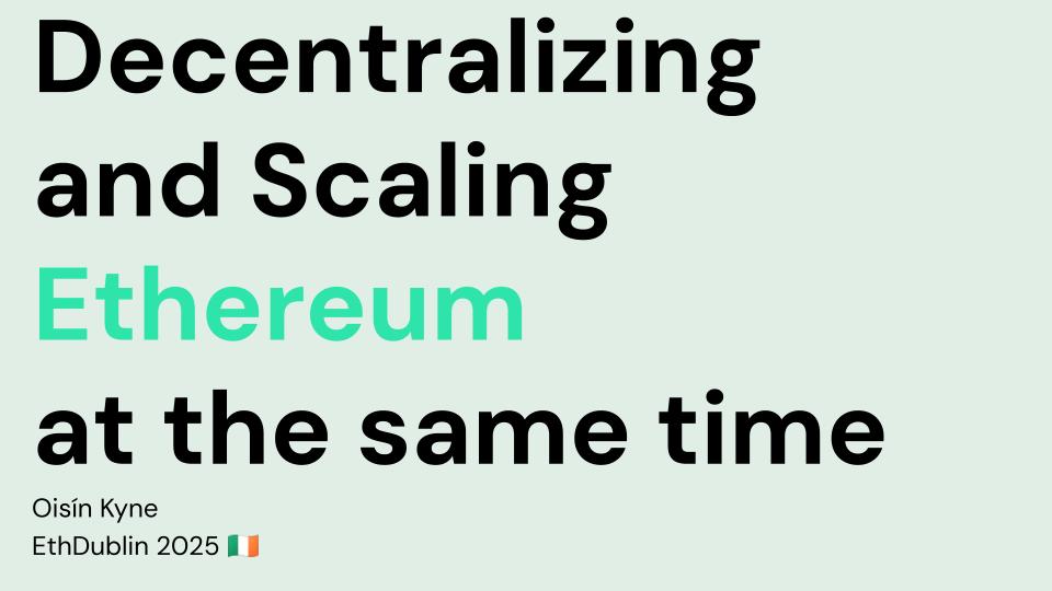 Obol Collective (@obol_collective) on Twitter photo 1/
Ethereum is scaling.
But how do we decentralize and scale… at the same time?
A short master class by <a href="/OisinKyne/">oisin.eth | Obol</a> - co-founder & CTO 💍
presented live at ETH Dublin 2025 w/ <a href="/EthIreland/">ETHDublin 2025</a> 🇮🇪
🧵👇 1/
Ethereum is scaling.
But how do we decentralize and scale… at the same time?
A short master class by <a href="/OisinKyne/">oisin.eth | Obol</a> - co-founder & CTO 💍
presented live at ETH Dublin 2025 w/ <a href="/EthIreland/">ETHDublin 2025</a> 🇮🇪
🧵👇