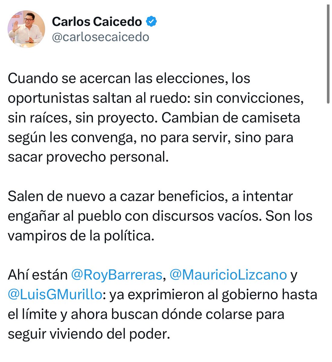 MauricioLizcano's tweet photo. Respeto a Caicedo incluso cuando habla de “Los vampiros de la política” para buscar titulares y no soluciones. Mi compromiso siempre ha sido con Colombia. 

Sus resultados y sus formas ya las conocemos, vean al Magdalena, todavía sin agua. Ahí está su problema https://t.co/EqmYgJTUjI