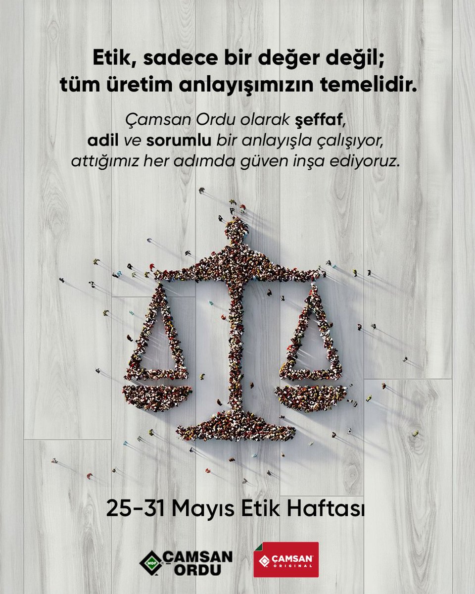 Değerlerimizin temelinde sadece üretim değil; adalet, şeffaflık ve sorumluluk var. Etik, işimizin her aşamasında pusulamız.
25–31 Mayıs Etik Haftası’nda, ilkelerimize olan bağlılığımızı bir kez daha hatırlıyor ve etik kültürü geleceğe birlikte taşıyoruz.

#ÇamsanOrdu #EtikHaftası
