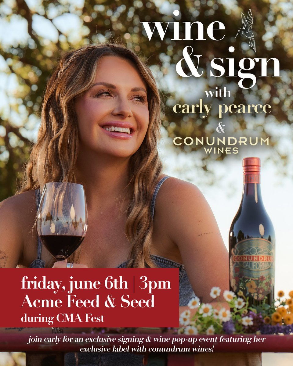 Carly Pearce (@carlypearce) on Twitter photo y’all I can’t wait for this!!! join me the Friday of CMA Fest for an exclusive wine & sign pop up event with <a href="/ConundrumWines/">ConundrumWines</a> at <a href="/AcmeNashville/">Acme Feed & Seed</a>! admission is free but you must rsvp! cheers y’all 🥂
claim your spot: eventbrite.com/e/carly-pearce… y’all I can’t wait for this!!! join me the Friday of CMA Fest for an exclusive wine & sign pop up event with <a href="/ConundrumWines/">ConundrumWines</a> at <a href="/AcmeNashville/">Acme Feed & Seed</a>! admission is free but you must rsvp! cheers y’all 🥂
claim your spot: eventbrite.com/e/carly-pearce…