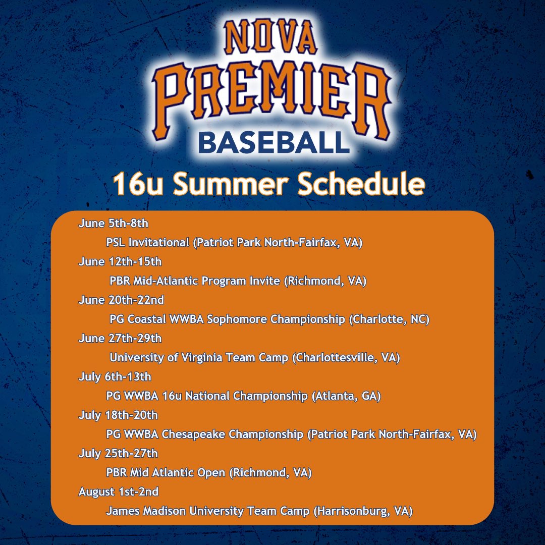 NOVAPremier Baseball (@novapremierbb) on Twitter photo 16u Roster and Summer schedule! Loaded roster of majority varsity starters as year ✌️ players! Exciting group of players that will be lead by:
GMU/Orioles farmhand <a href="/eddiegmu12/">Eddie Jordan</a>
JUCO batting champ @CoachBook32
Radford HOF <a href="/flips44/">Jim Abbott</a>
#GoPremier #NP16u #2027’s 16u Roster and Summer schedule! Loaded roster of majority varsity starters as year ✌️ players! Exciting group of players that will be lead by:
GMU/Orioles farmhand <a href="/eddiegmu12/">Eddie Jordan</a>
JUCO batting champ @CoachBook32
Radford HOF <a href="/flips44/">Jim Abbott</a>
#GoPremier #NP16u #2027’s