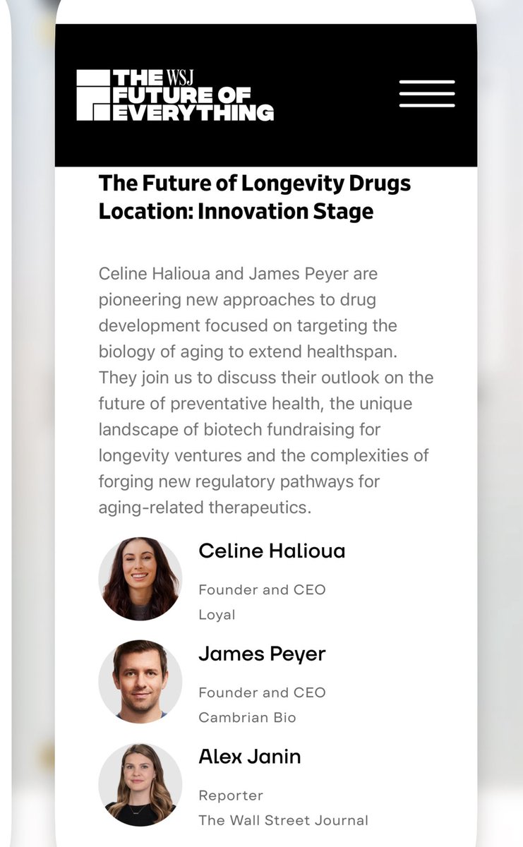 AlexLJanin's tweet image. Today at @WSJ Future of Everything, the future of longevity drugs with with @celinehalioua and @JamesPeyer