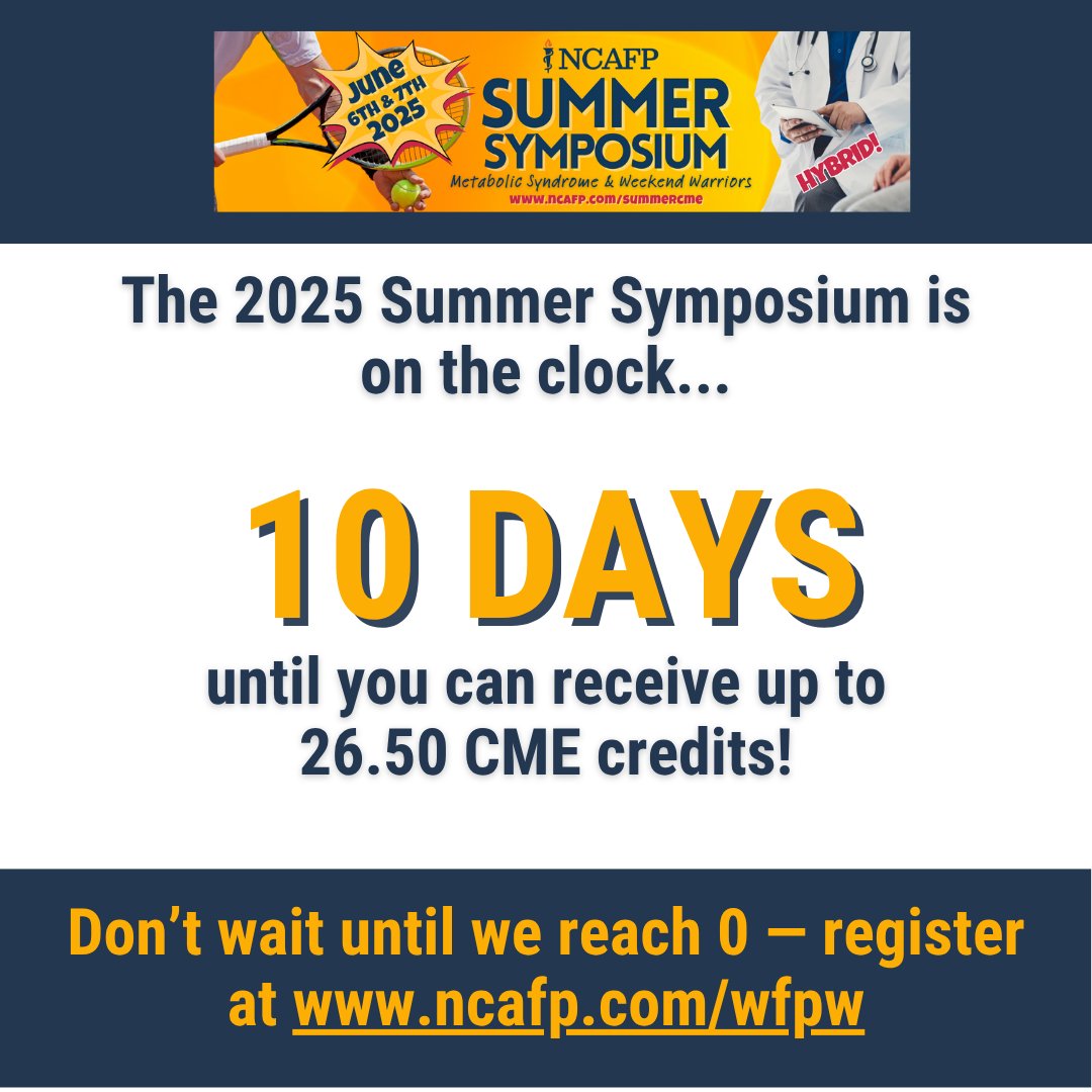We have only 10 more days until the 2025 Summer Symposium! If you haven't already registered to enjoy affordable CME and great community, register now to meet us in Greensboro: ncafp.com/summercme