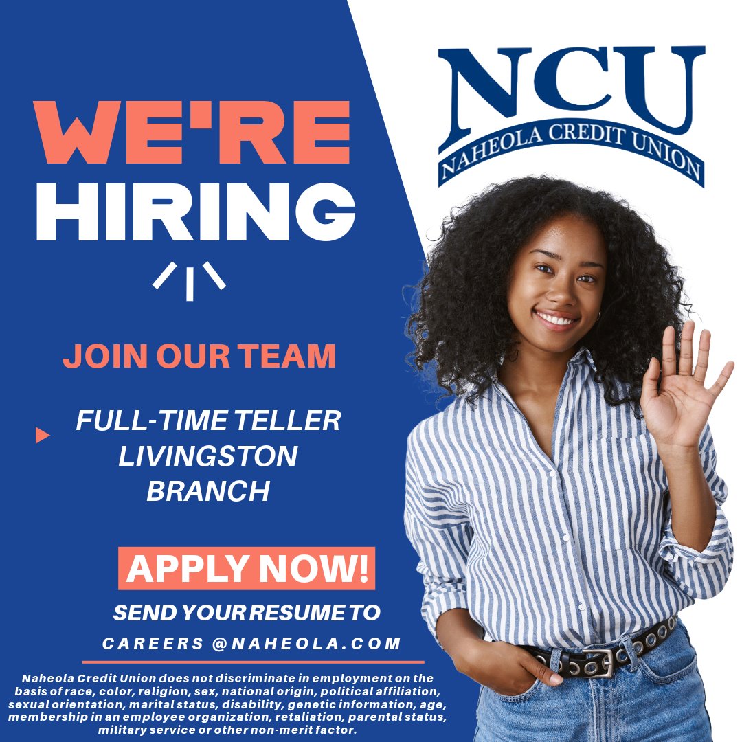 WE'RE HIRING! Are you ready to join our team?  We are looking for a full-time teller at our Livingston Branch. To apply, send your resume to careers@naheola.com.  We can't wait to meet you! #NCU #Naheola #NaheolaCreditUnion