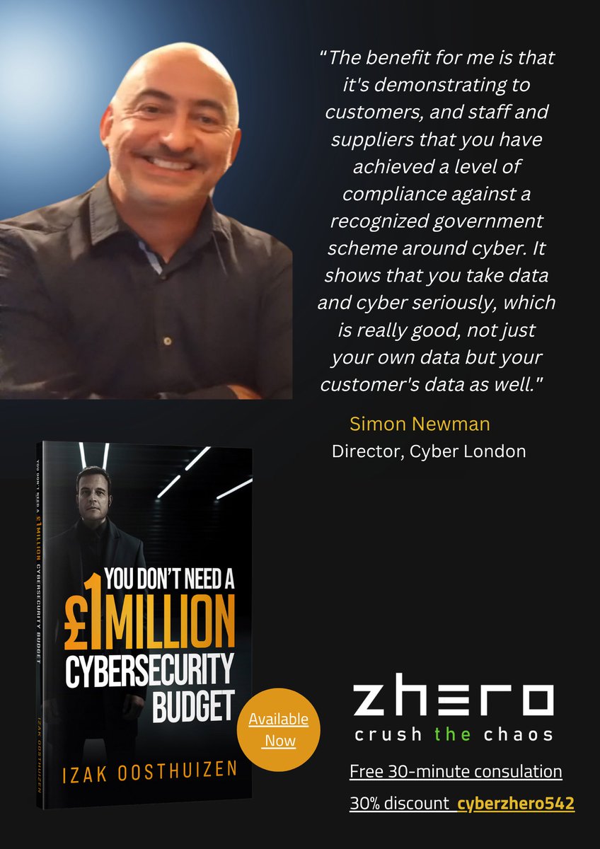 💯ESSENTIAL BENEFITS 🏅
➡️In Izak Oosthuizen's international #Amazon bestseller, Cyber London director Simon Newman details the benefits for UK companies, including SMEs, of obtaining Cyber Essentials 💪
🤓Read all about it here ⬇️
amzn.eu/d/dXhrP5Q
#cybersecurity