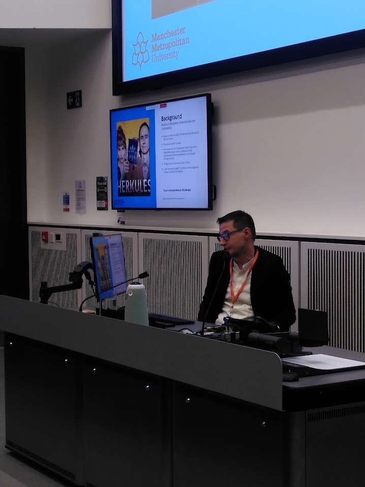 . <a href="/pjagodz/">Piotr Jagodziński</a> kicking off our final session - Autistic unmasking and (im)politeness on and off the TV screen
A pragmatic model of autistic (un)masking and facework - analysis on the TV series Herkules