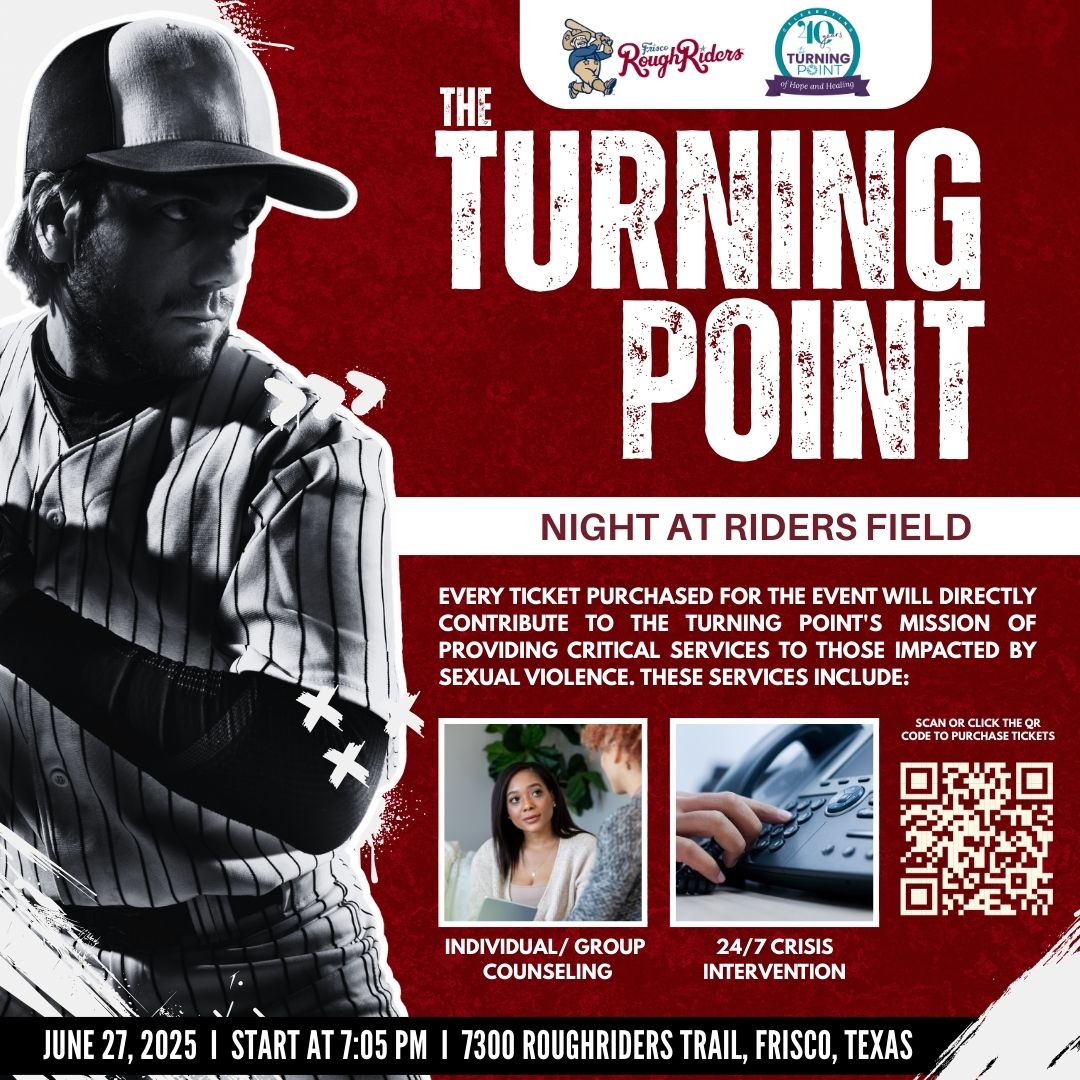 TurningPointRCC's tweet image. Swing for survivors!  ⚾ Join The Turning Point and the Frisco RoughRiders on June 27th at 7:05 PM at Riders Field for a fun-filled baseball game that supports survivors of sexual violence.  #TheTurningPointTX #FriscoRoughRiders #BaseballForACause   #SurvivorSupport