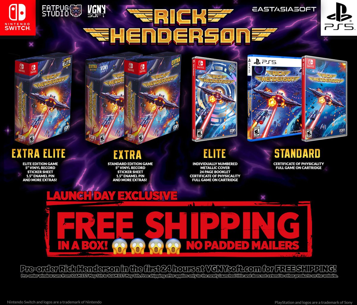 VGNYsoft Games | Physical Indie Games (@vgnysoft) on Twitter photo Pre-orders for #RickHenderson are officially open!
Remember that for the first 24 hours (05/28 - 05/29 10AM EST), you can receive free shipping on your Rick Henderson pre-order!
🔗 vgnysoft.com/lp-rickhenders…
<a href="/FatPugStudio/">Fat Pug Studio</a> <a href="/eastasiasoft/">eastasiasoft</a> #shmup #STG #PhysicalGaming Pre-orders for #RickHenderson are officially open!
Remember that for the first 24 hours (05/28 - 05/29 10AM EST), you can receive free shipping on your Rick Henderson pre-order!
🔗 vgnysoft.com/lp-rickhenders…
<a href="/FatPugStudio/">Fat Pug Studio</a> <a href="/eastasiasoft/">eastasiasoft</a> #shmup #STG #PhysicalGaming