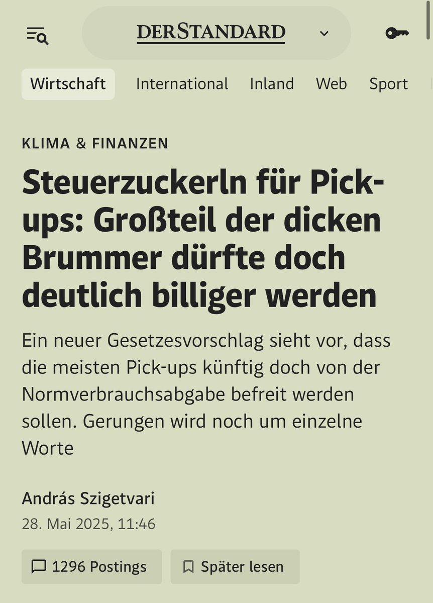 Oh wow. Was für eine Scheiße.

Klimaticket und E-Autos verteuern und dreckige Verbrenner mit irrem Verbrauch günstiger machen. 

Herz + Hirn, <a href="/AndiBabler/">Andi Babler</a>?