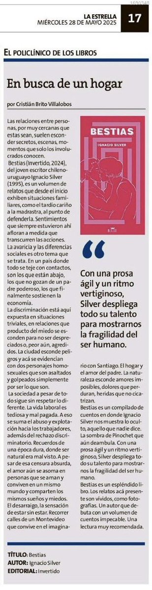 📚RESEÑA

Leí «Bestias», de Ignacio Silver, y esto escribí para <a href="/laestrellavalpo/">La Estrella de Valpo</a> 

Publica <a href="/InvertidoEd/">Invertido Ediciones</a> 

#Narrativa