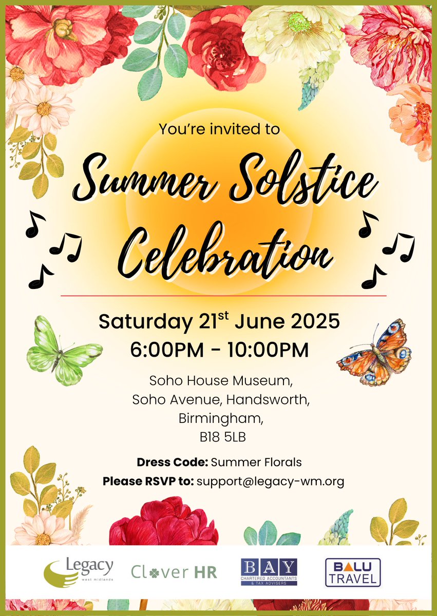 Legacy WM (@legacywm1) on Twitter photo We’re thrilled to invite you to our first ever Summer Solstice Celebration! ☀️🎉
A special evening where we’ll also mark 10 wonderful years at Soho House Museum Visitor Centre. 🌸
Please note this is an INVITE ONLY event
For more info contact 📧: support@legacy-wm.org We’re thrilled to invite you to our first ever Summer Solstice Celebration! ☀️🎉
A special evening where we’ll also mark 10 wonderful years at Soho House Museum Visitor Centre. 🌸
Please note this is an INVITE ONLY event
For more info contact 📧: support@legacy-wm.org