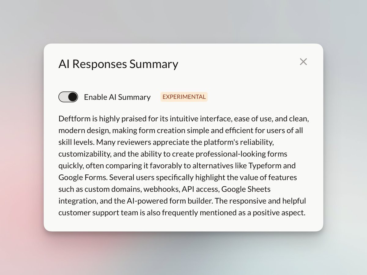 Deftform now features an "AI Summary" for responses (which is disabled by default). Based on our feedback and review form, we're doing great so far. We're currently offering a 30 % discount on the Lifetime package. Check it out on deftform.com
