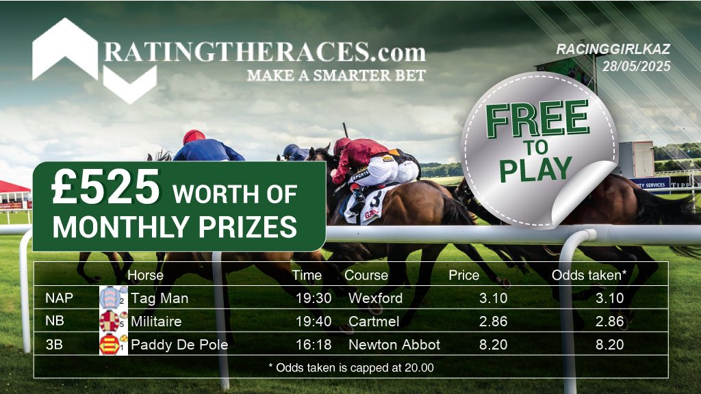 My #RTRNaps are:

Tag Man @ 19:30
Militaire @ 19:40
Paddy De Pole @ 16:18

Sponsored by <a href="/RatingTheRaces/">RatingTheRaces</a> - Enter for FREE here: bit.ly/NapCompFreeEnt…