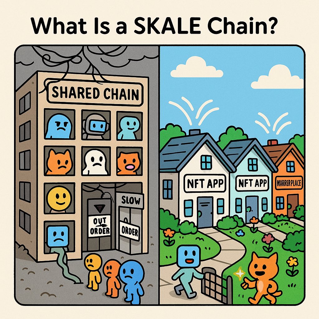 大多数App都住在同一栋大楼里，电梯要排队，网速像蜗牛，邻居还天天吵架。📶🚪

而SKALE是什么？SKALE是给每个App盖一栋独栋别墅🏡 <a href="/SkaleNetwork/">SKALE</a> 
独享网速、安全、存储 —— 不用和谁抢资源！

你的App，你的地盘，自由自在😎
#SKALE #Web3 #Rollup不用卷