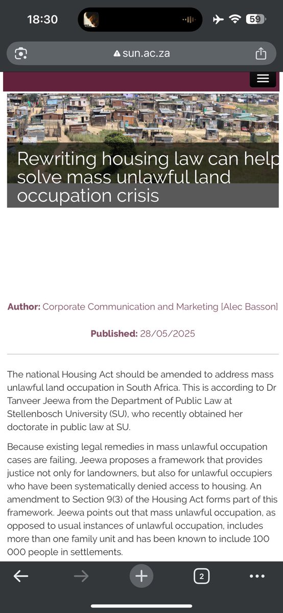 تنوير (@tanveerjeewa) on Twitter photo Grateful to <a href="/StellenboschUni/">Stellenbosch University</a> for this feature on my LLD, focusing on mass unlawful occupation and the housing crisis - important issues requiring active intervention from the State.
My LLD is on embargo but read the short & less boring version here! :)
sun.ac.za/english/Lists/… Grateful to <a href="/StellenboschUni/">Stellenbosch University</a> for this feature on my LLD, focusing on mass unlawful occupation and the housing crisis - important issues requiring active intervention from the State.
My LLD is on embargo but read the short & less boring version here! :)
sun.ac.za/english/Lists/…