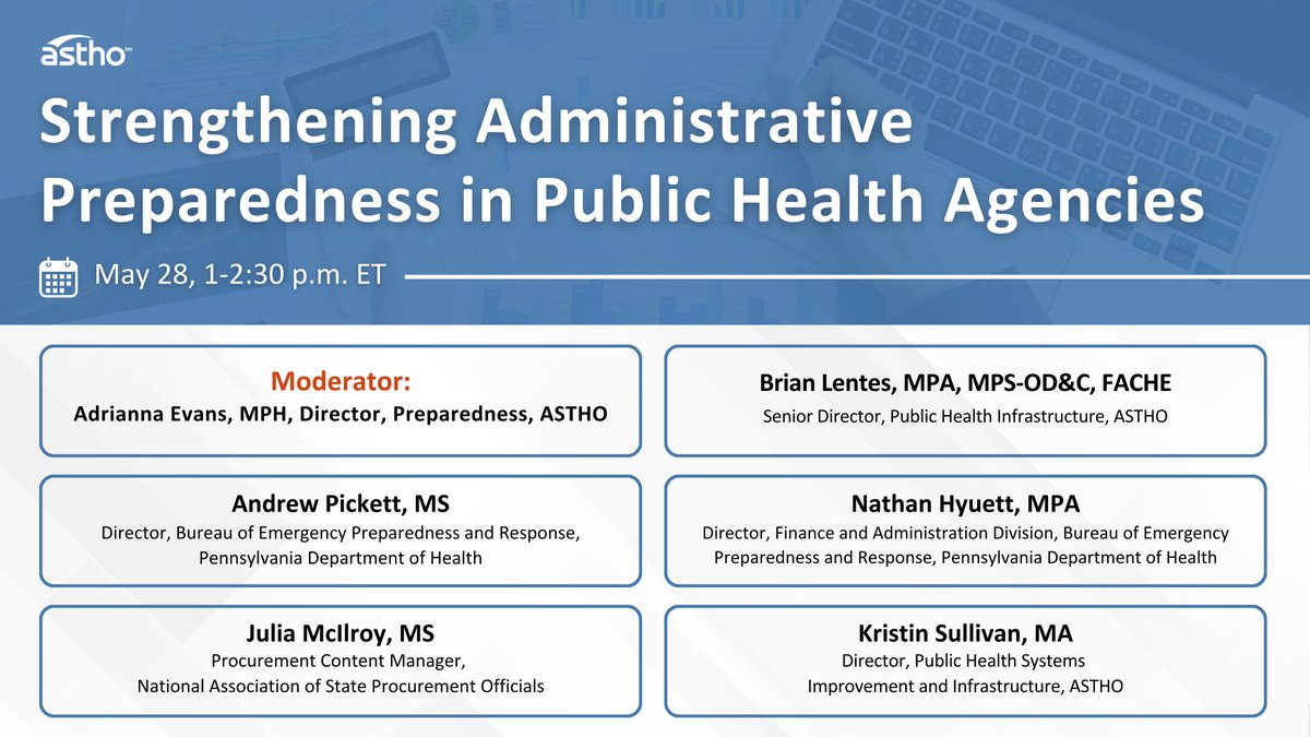 ASTHO (@astho) on Twitter photo ⏰Still time to register! Strengthen your agency’s resilience with smart administrative strategies. Join ASTHO to explore how jurisdictions are modernizing systems, streamlining procurement, and refining procedures to boost preparedness: discover.astho.org/4kfdy7g. <a href="/PAHealthDept/">PA Department of Health</a> ⏰Still time to register! Strengthen your agency’s resilience with smart administrative strategies. Join ASTHO to explore how jurisdictions are modernizing systems, streamlining procurement, and refining procedures to boost preparedness: discover.astho.org/4kfdy7g. <a href="/PAHealthDept/">PA Department of Health</a>