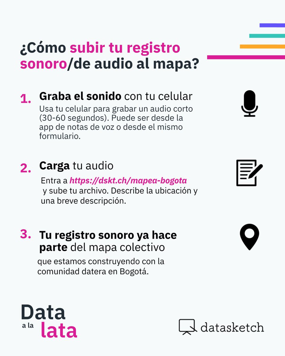 ¿A qué suena Bogotá cuando afinamos el oído?
Estamos construyendo un mapa sonoro del espacio público, y tú puedes ser parte.
📥 Graba o sube un audio de tu entorno y ayúdanos a escuchar la ciudad desde sus contrastes, ritmos y voces diversas. 👉dskt.ch/mapea-bogota