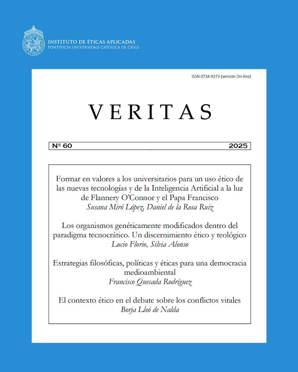 Instituto de Éticas Aplicadas UC (@eticaaplicadauc) on Twitter photo 📖 Compartimos el último número de la revista Veritas de #ÉticasAplicadasUC, enfocada en publicar investigaciones en ética aplicada y filosofía práctica. También recibe trabajos en áreas de las ciencias religiosas que tengan un enfoque práctico.
🔗bit.ly/3Z3GFT5 📖 Compartimos el último número de la revista Veritas de #ÉticasAplicadasUC, enfocada en publicar investigaciones en ética aplicada y filosofía práctica. También recibe trabajos en áreas de las ciencias religiosas que tengan un enfoque práctico.
🔗bit.ly/3Z3GFT5