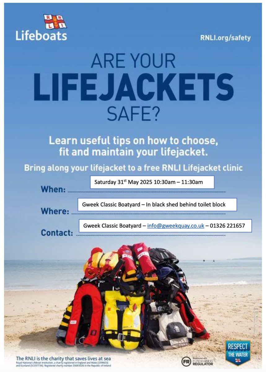REMINDER: The <a href="/RNLI/">RNLI</a> will be holding a lifejacket clinic here at the boatyard, this weekend on Saturday 31st May. 

They'll share tips on choosing, fitting and maintaining your lifejackets, and you can bring yours along to have them checked during the session.