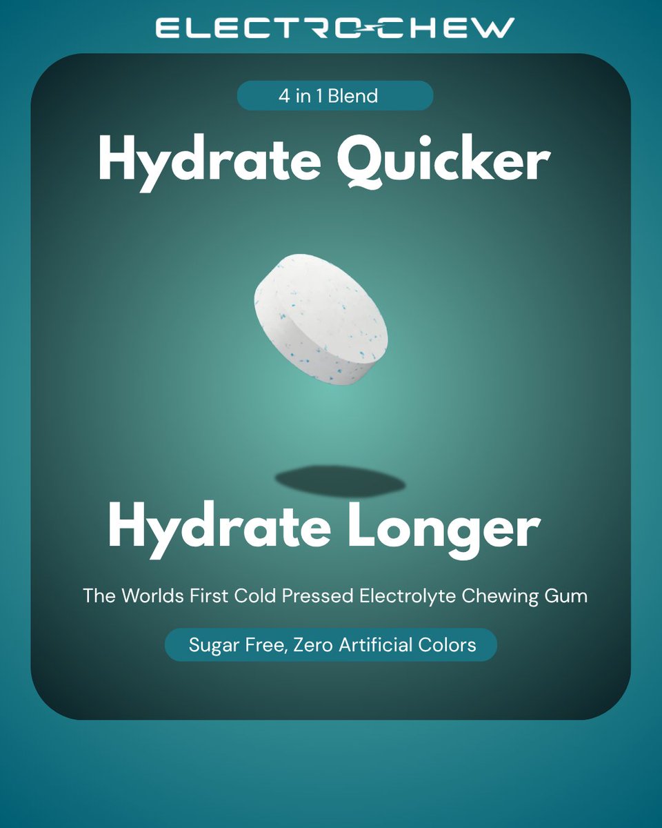 ElectroChew's tweet photo. Hydration shouldn't slow you down.

We built ElectroChew to change the game. 
 Fast-acting.
 Long-lasting.
 Zero sugar. 

Just chew and go.
#ElectroChew #HydrateQuicker #FunctionalGum #AthleteFuel #StartupDrop #PerformanceHack #NoPowderNoProblem #HydrationRevolution #LiveCharged https://t.co/pOQ5POmTH0