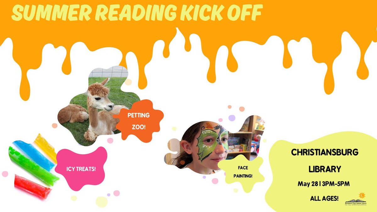 Next3Days's tweet image. Wednesday Local Library Fun:
• Summer Reading Kickoff with Petting Zoo, Face Painting, Icy Treats &amp;amp; more at Christiansburg Library, 3-5pm
• Bingo for all ages at Jessie Peterman Library #floydva, 2pm
• Creative Canvas Paint Night at Pulaski Library, 5:30pm, For ages 16 &amp;amp; Up,