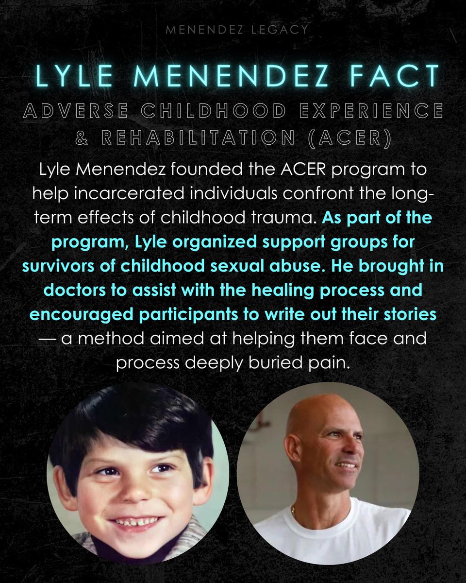 MenendezLegacy's tweet photo. #MenendezFact ✨ In prison, Lyle Menendez founded ACER to help others heal from childhood trauma. He led support groups, brought in doctors, and encouraged survivors to write their stories—breaking cycles of silence and harm.

Source: resentencing memo.

#JusticeForErikAndLyle https://t.co/n0YdS24BOE