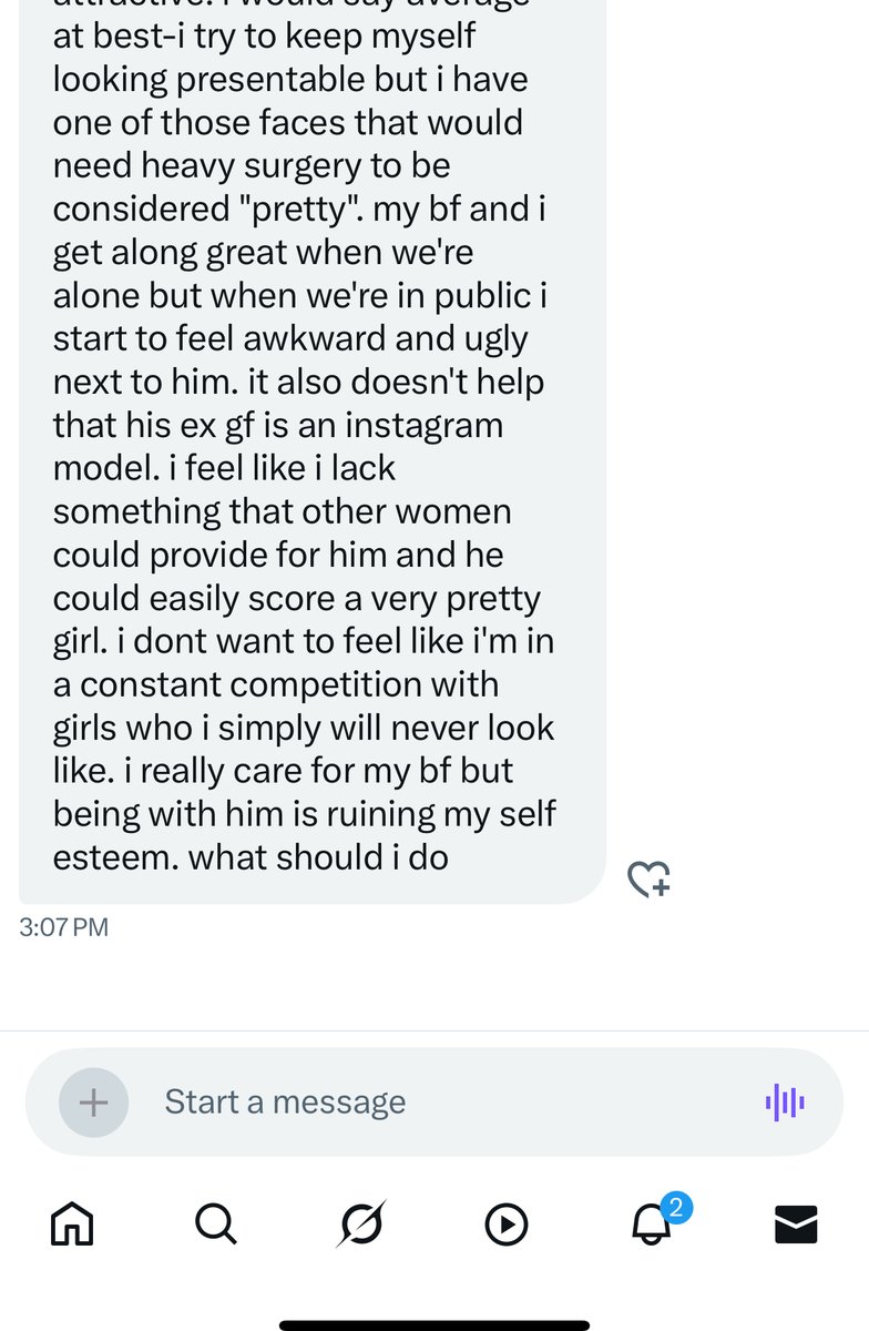 unboundNig's tweet photo. 2 things: break up with him or realize none of that stuff matters. You’re with him and he’s with you and obviously he think you are a great person so it doesn’t even matter if he’s better looking than you.

What advice would you give her? https://t.co/vxVPZozXYm