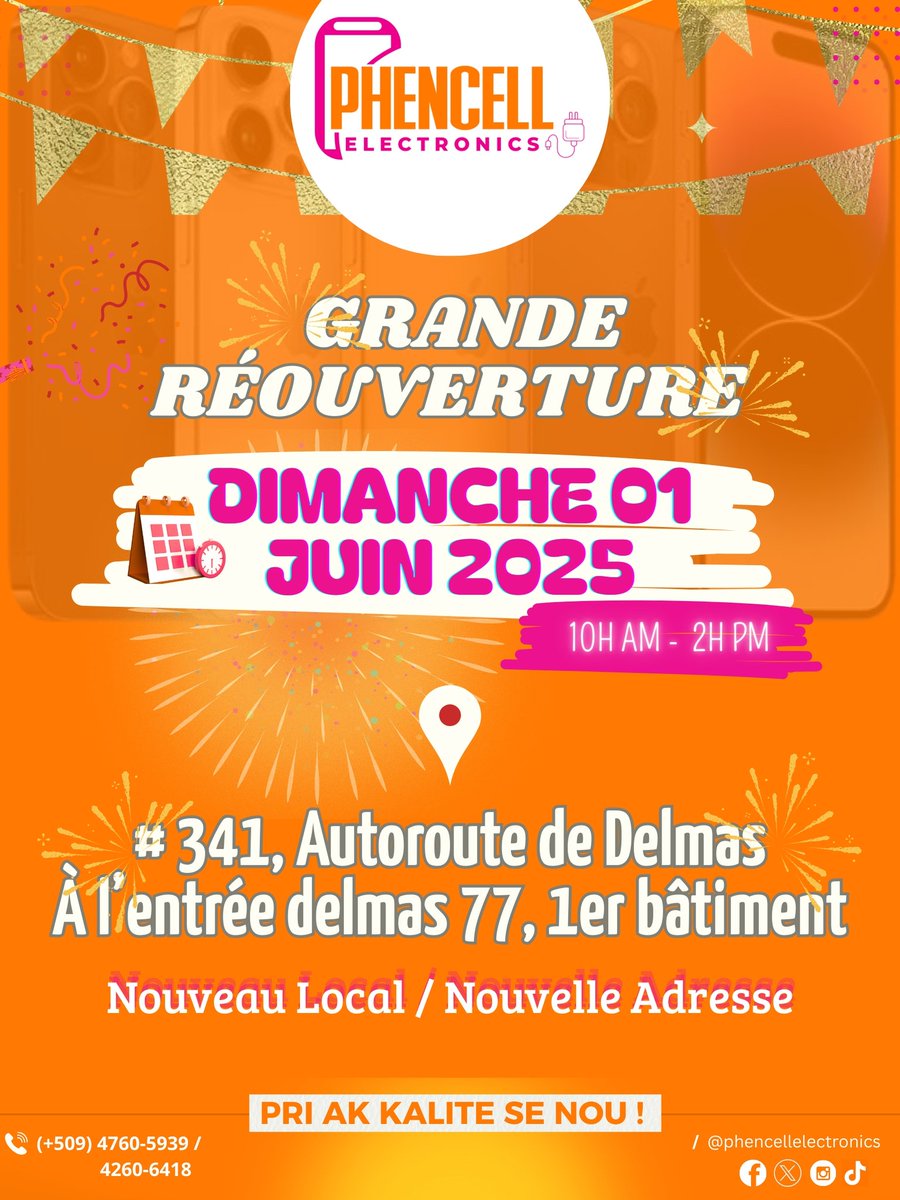 PhencellElectro's tweet photo. #PhencellElectrocnics ap envite tout moun, spesyalman tout kliyan li yo nan reouvèti magazen li an kap fèt Dimanch 1er juin 2025 lan nan yon nouvo adrès : 341 autoroute de Delmas à l’entrée de delmas 77, 1er Bâtiment. https://t.co/o1HLRoZJs1