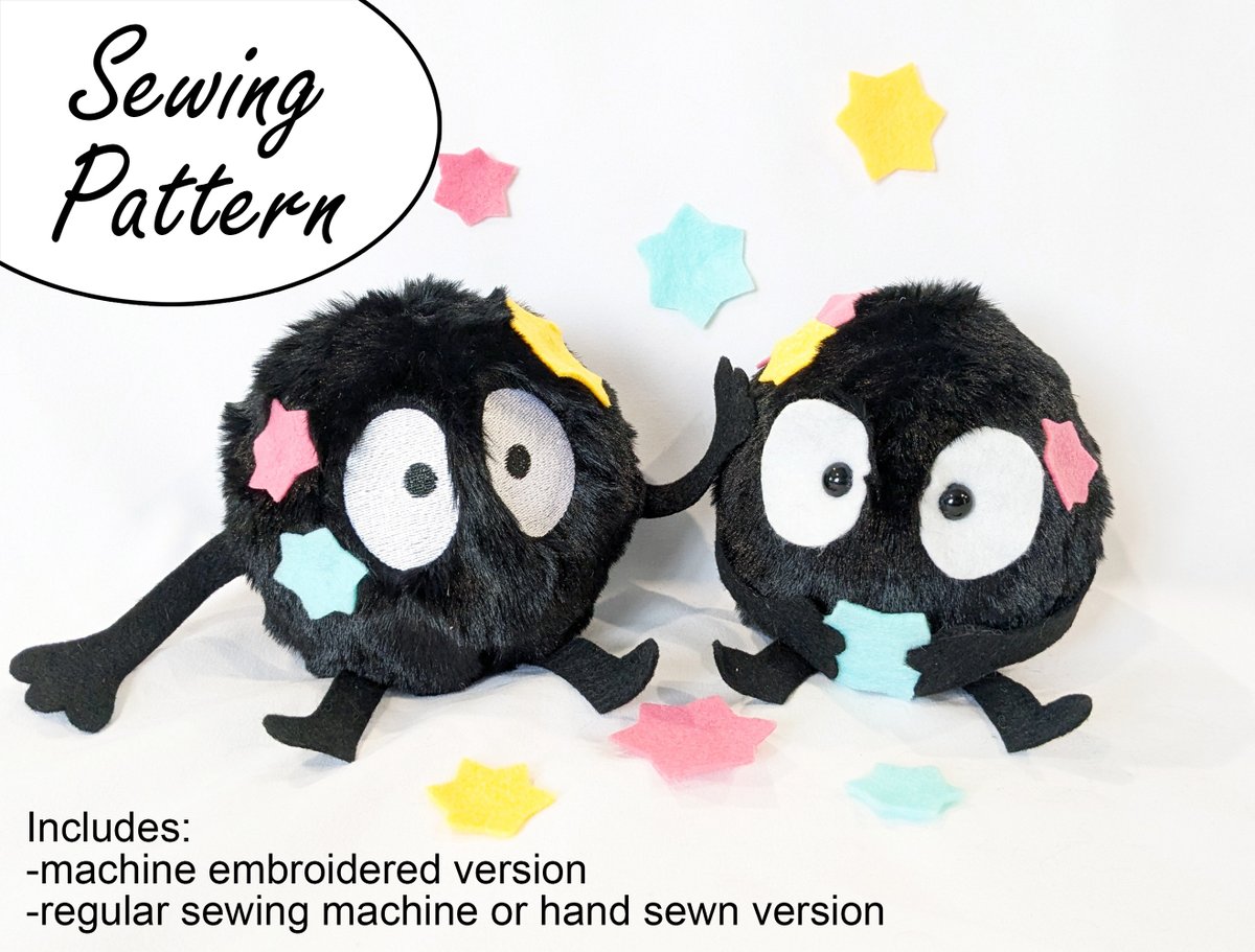 The next pattern is a Soot Sprite mini plush! 
Super easy, great intro to working with faux fur. Includes a version with machine embroidered eyes and one with felt/safety eyes. 
plushiluv.etsy.com
plushiluv.com/shop