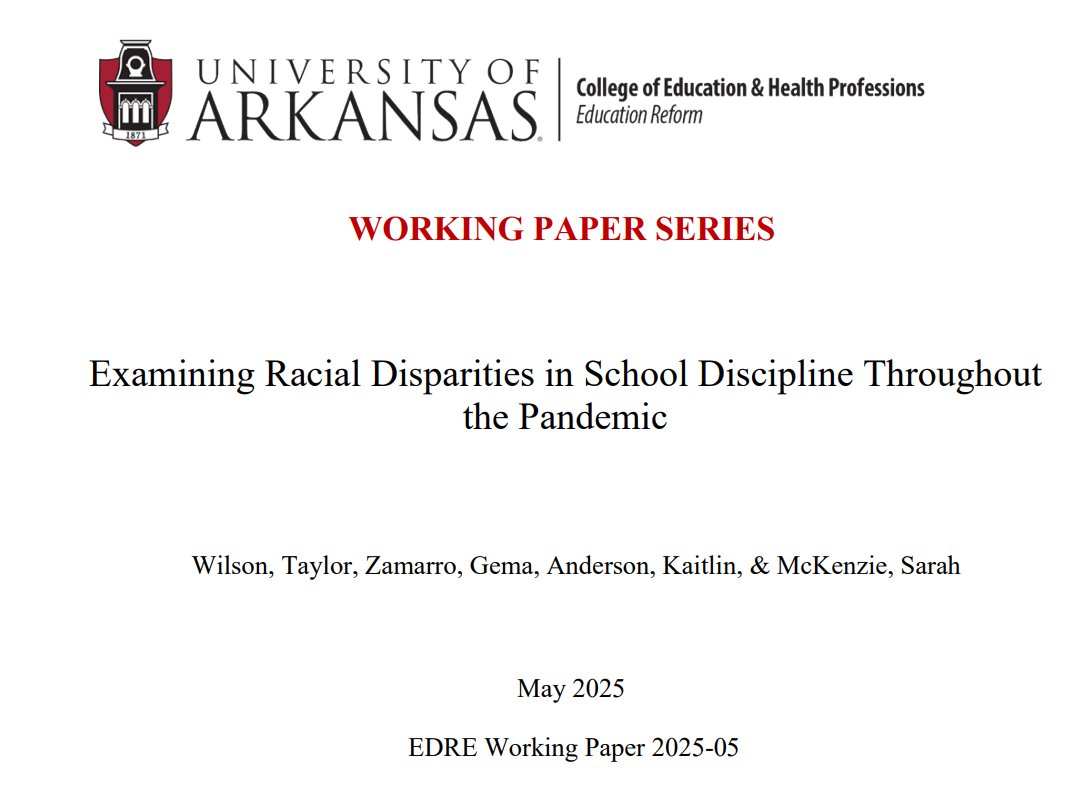 Harry A. Patrinos (@hpatrinos) on Twitter photo New study: Despite a drop in school discipline during COVID closures, racial disparities in exclusionary practices persisted.
Using Arkansas student-level data (2017–2023), Wilson, <a href="/gema_zamarro/">Dr. Gema Zamarro (she/her)</a>, Anderson, McKenzie find that nonwhite students disproportionately New study: Despite a drop in school discipline during COVID closures, racial disparities in exclusionary practices persisted.
Using Arkansas student-level data (2017–2023), Wilson, <a href="/gema_zamarro/">Dr. Gema Zamarro (she/her)</a>, Anderson, McKenzie find that nonwhite students disproportionately
