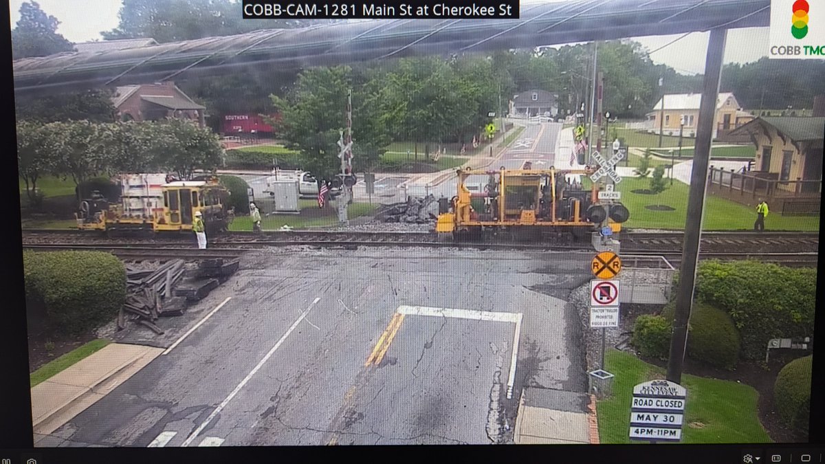 The railroad crossing at Main St and Cherokee St in Kennesaw will be closed today, May 28, until 8 pm while CSX is performing maintenance. Crossing I.D. 340408K #ATLTraffic