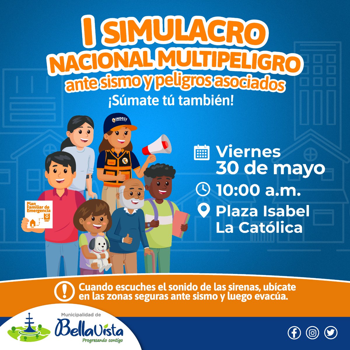 Este viernes 30 de mayo a las 10 am. se llevará a cabo el I Simulacro Nacional Multipeligro en la Plaza Isabel La Católica ¡Invitamos a todos nuestros vecinos del distrito a participar de este importante ejercicio de preparación ante emergencias! 🚨⚠️