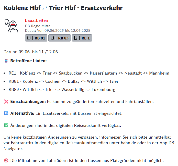 Regio_Mitte's tweet photo. #VorabInfo #RB81 #RB83 #RB84 #RE1 
#Saarbrücken_Hbf <> #Koblenz_Hbf 
Im Zeitraum vom 09.06.25 bis 11.06.25 finden Bauarbeiten statt. 
Es kommt zu geänderten #Fahrzeiten, #Zugausfällen und #Ersatzverkehr. 
Bitte informieren Sie sich https://t.co/o1i48eV3wX https://t.co/d6YLyUSYxx