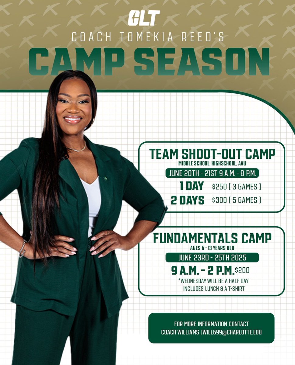 Sleeper Athletes Ladies Basketball (@sathleteslbb) on Twitter photo #Charlotte #49ers Summer Camp Dates
<a href="/CoachTReed/">Coach Tomekia Reed</a> | <a href="/CharlotteWBB/">Charlotte Women's Basketball</a> #Charlotte #49ers Summer Camp Dates
<a href="/CoachTReed/">Coach Tomekia Reed</a> | <a href="/CharlotteWBB/">Charlotte Women's Basketball</a>
